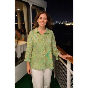 Lauren Ralph Lauren Women's Green Yellow Pink Blue Paisley Button Up Shirt, 2X